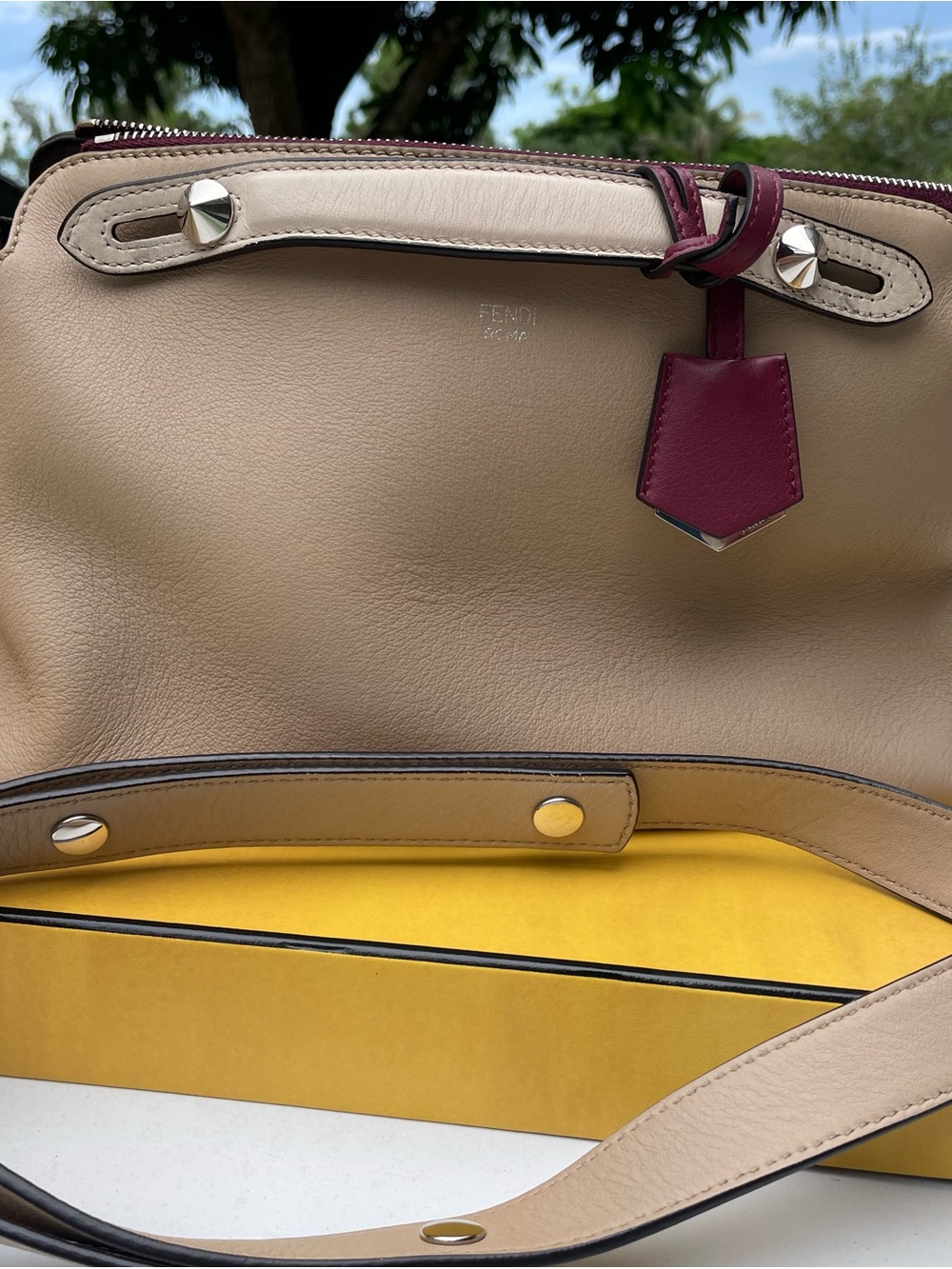 Fendi Beige Leather Tote with Burgundy Tag
